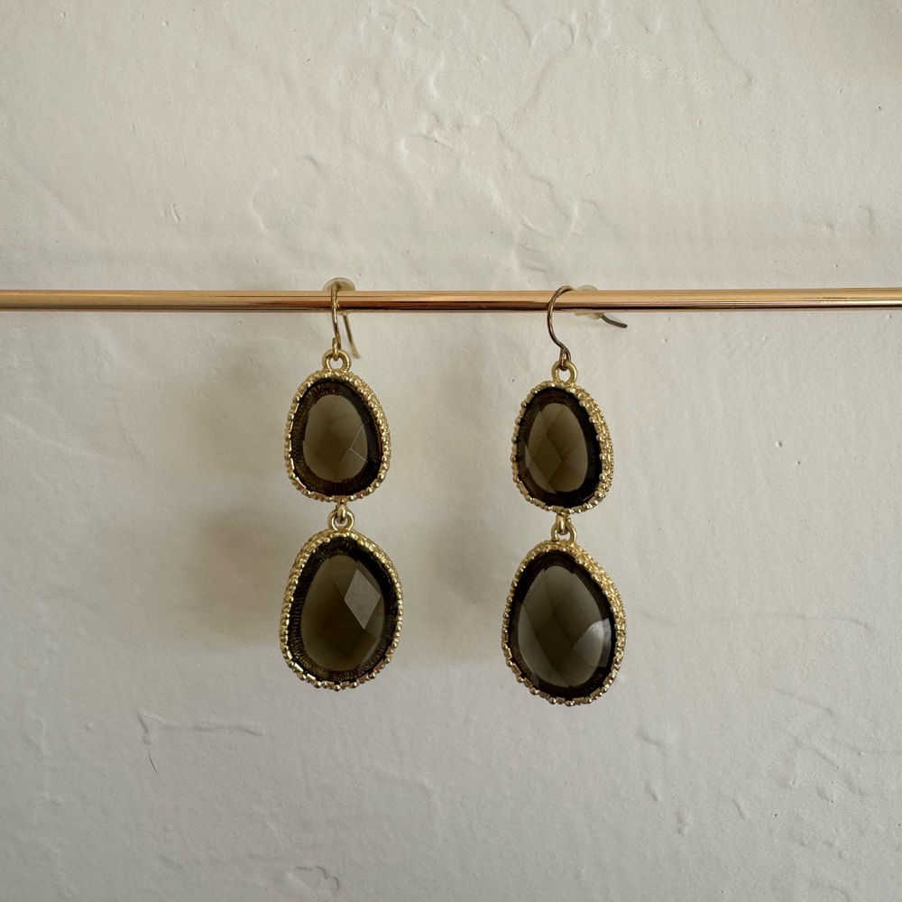 Black Amber Rhinestone Teardrop Gold Tone Drop Dangle